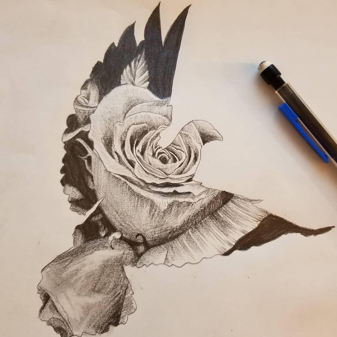 玫瑰白鸽纹身手稿
